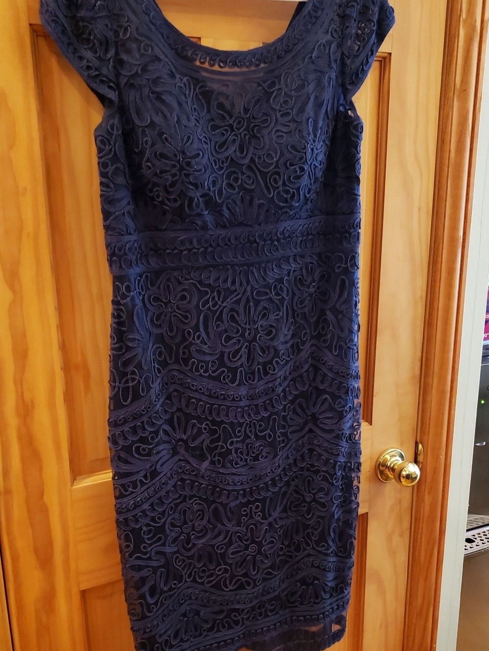 Mon Cheri Navy Lace Midi Dress with Floral Applique